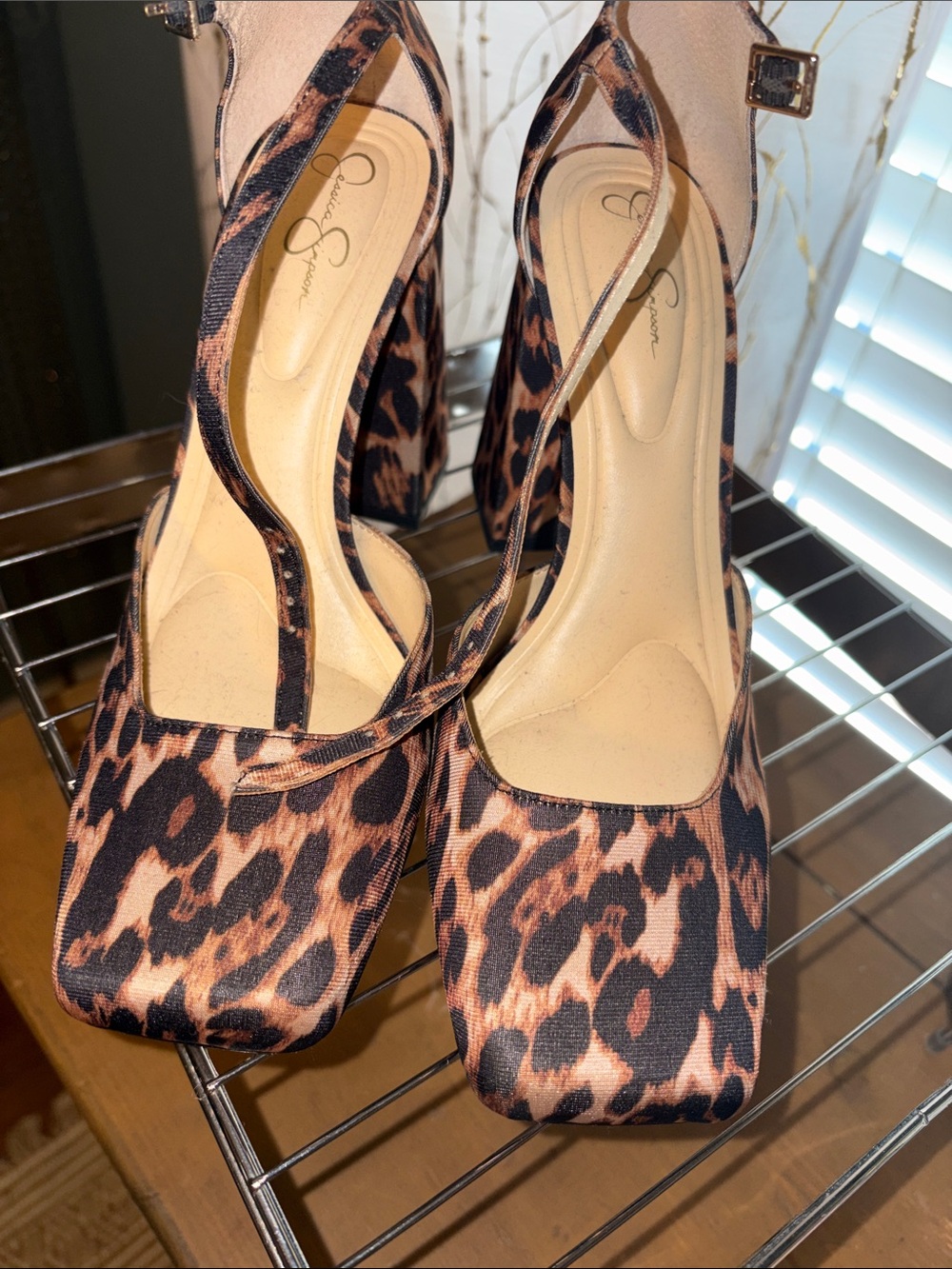 Jessica Simpson Leopard Print Ankle Strap Block Heels